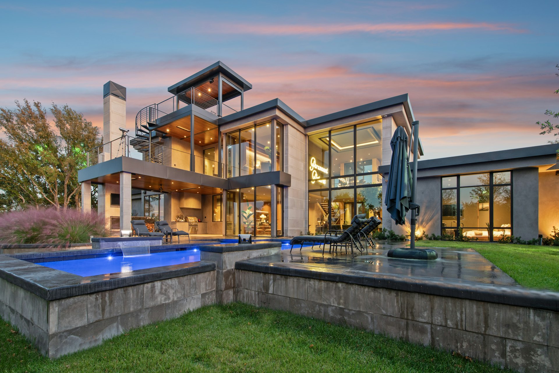 Modern residence exterior at dusk