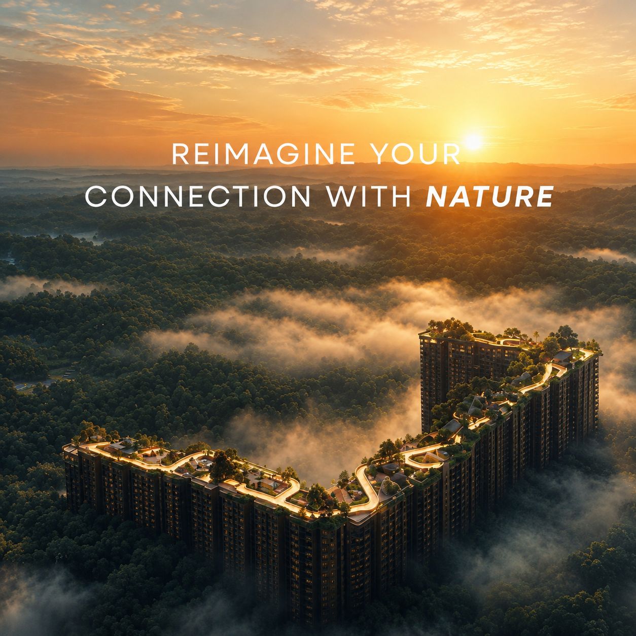 Apartment building with lush Greenery in foggy weather
